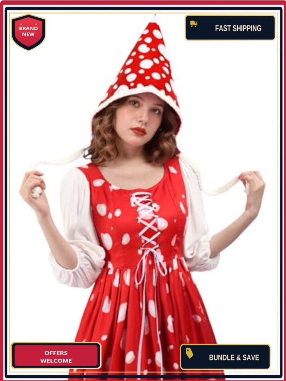 Polka Dot Cone Mushroom Gnome Hat Lined Costume Headwear One Size